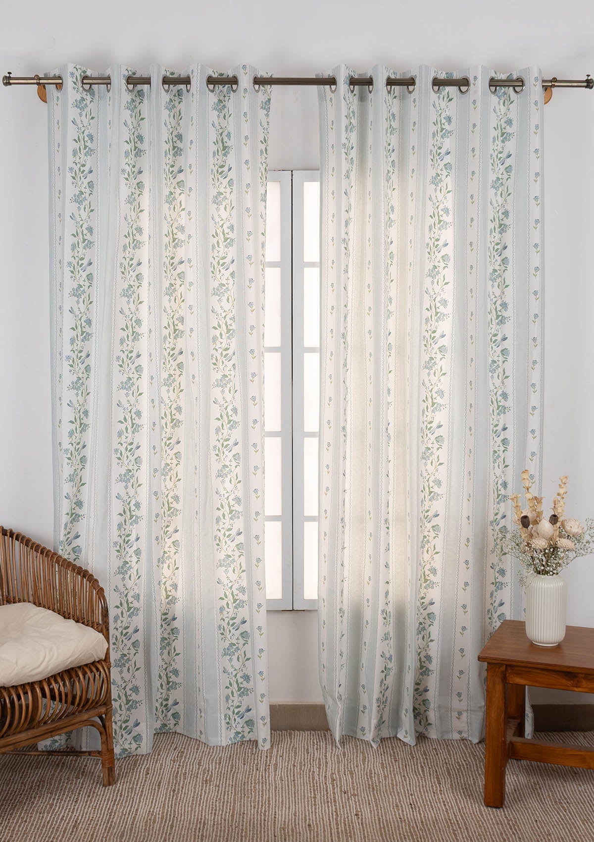 Flutter floral 100% cotton curtain for living room - Light Reduction - Nile Blue - Single Piece