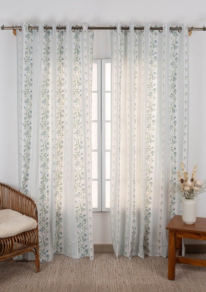 Flutter floral 100% cotton curtain for living room - Light Reduction - Nile Blue - Single Piece