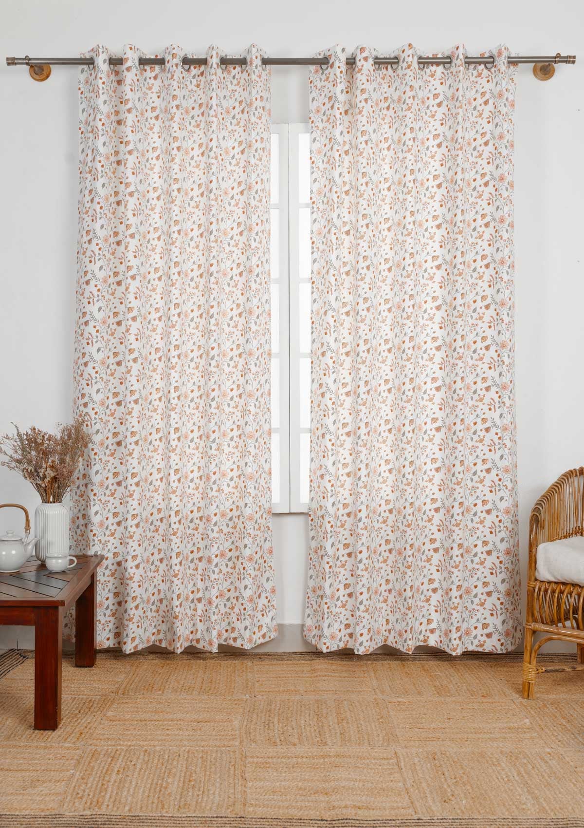 Forest bloom 100% cotton floral curtain for living room - Light Reduction - Orange - Single Piece