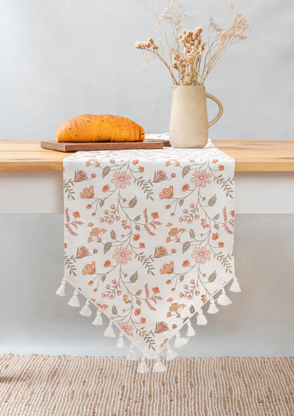 Forest bloom 100% cotton floral table runner for 4 seater or 6 seater Dining with tassels - Orange
