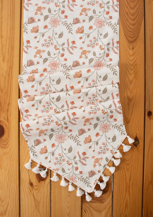 Forest bloom 100% cotton floral table runner for 4 seater or 6 seater Dining with tassels - Orange