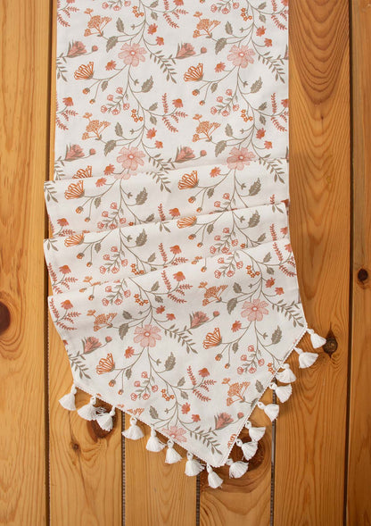 Forest bloom 100% cotton floral table runner for 4 seater or 6 seater Dining with tassels - Orange