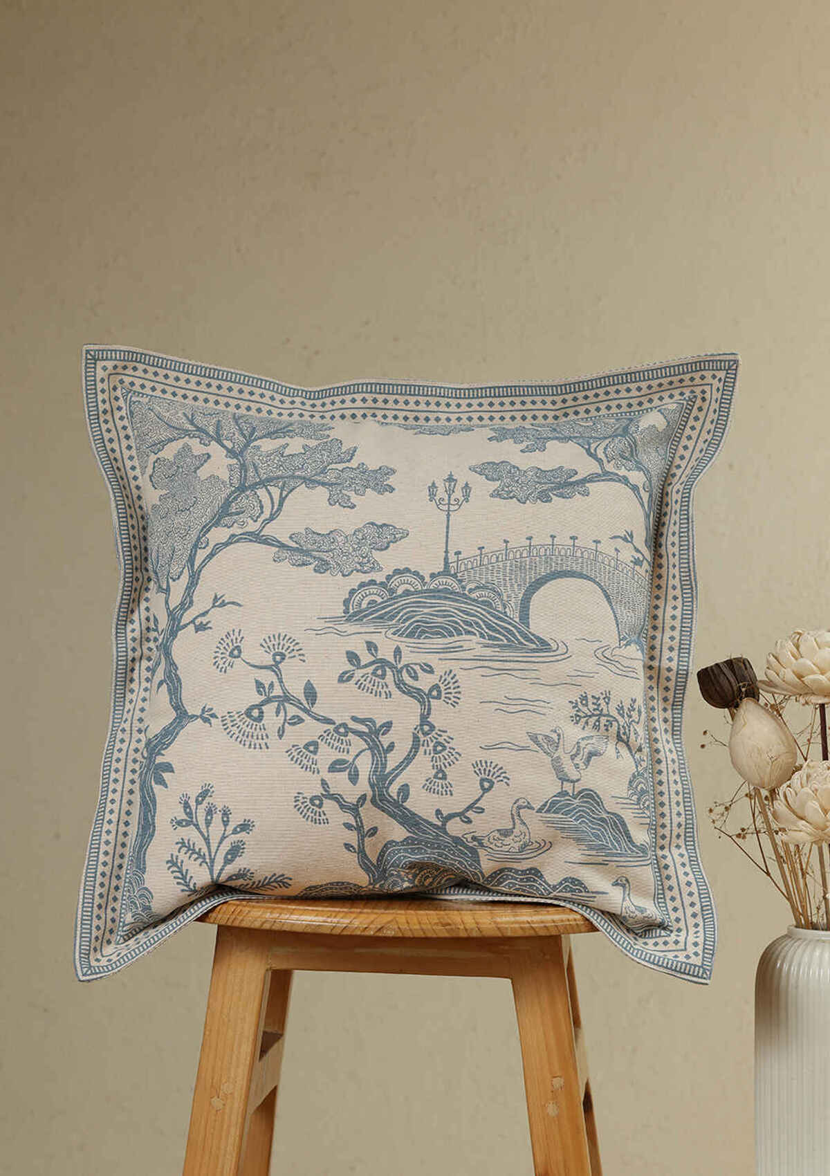 Fresca Blue Floral Printed 100% Cotton Cushion Cover For Sofa