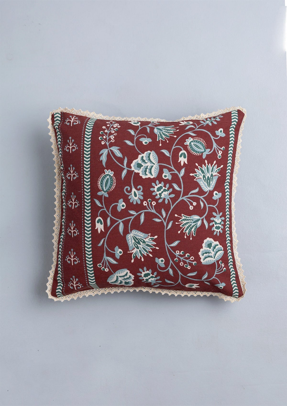 Garnet 100% Cotton Printed Red and Green Cushion Cover - 16"