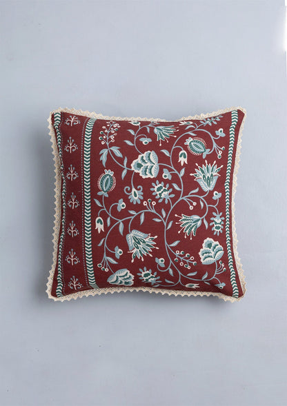 Garnet 100% Cotton Printed Red and Green Cushion Cover - 16"