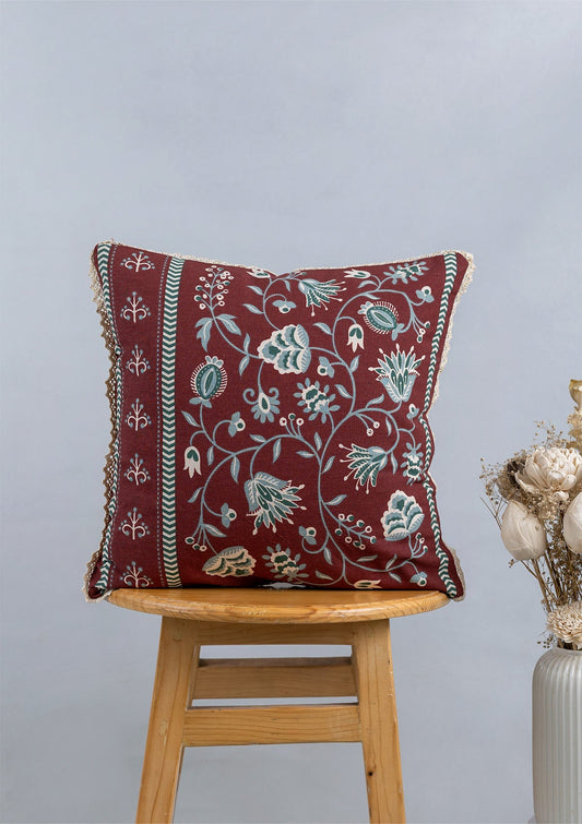 Garnet 100% Cotton Printed Red and Green Cushion Cover - 16"
