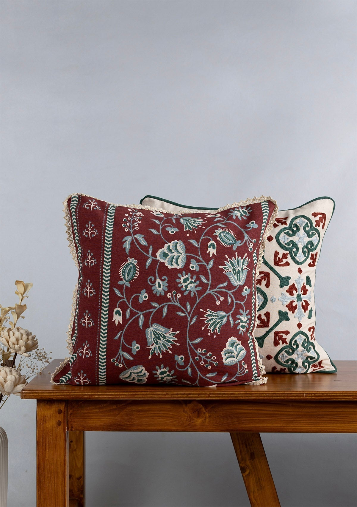Peridot Embroidered & Garnet Printed  100% Cotton Cushion Covers for Sofa - Red and Green - Pack of 2