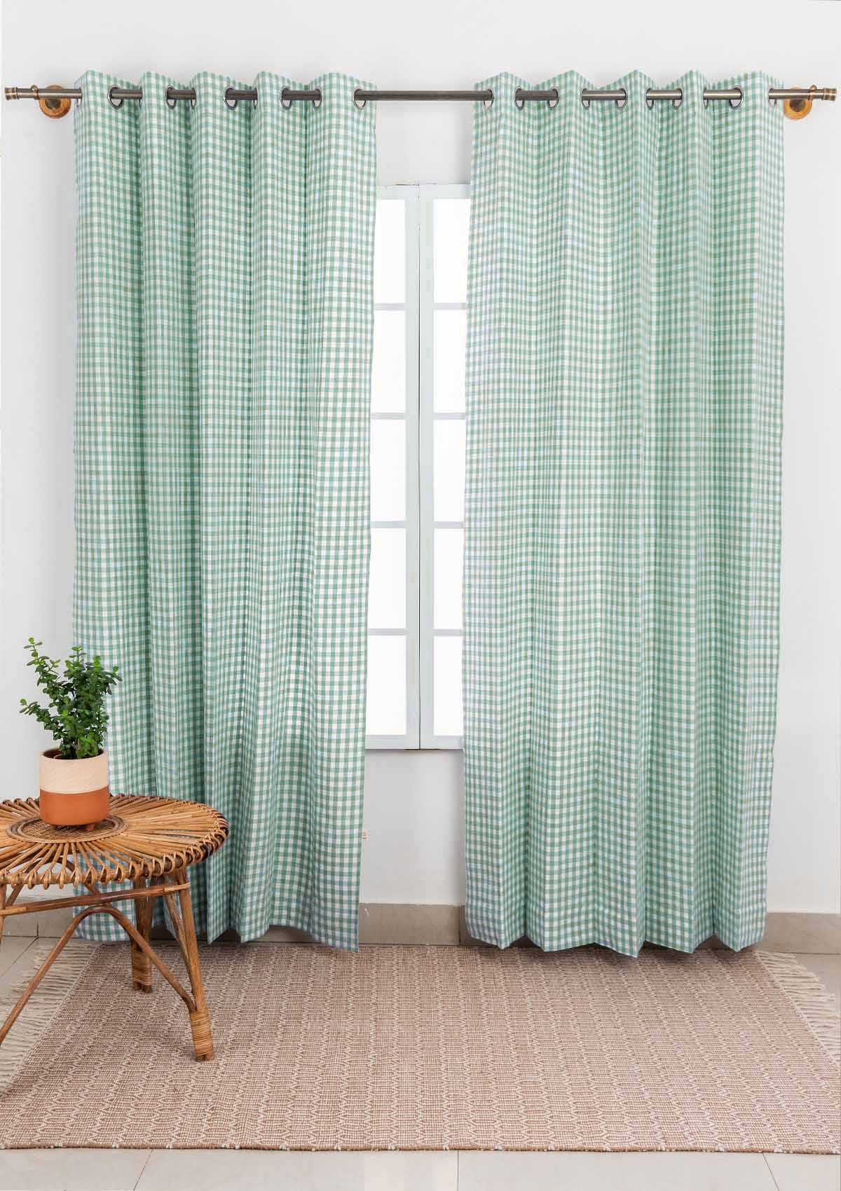 Gingham Woven 100% cotton geometric curtain for living room - Light Reduction - Sage Green - Single Piece