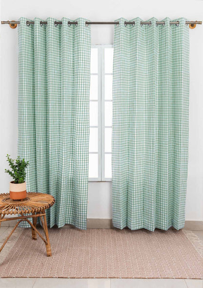 Gingham Woven 100% cotton geometric curtain for living room - Light Reduction - Sage Green - Single Piece
