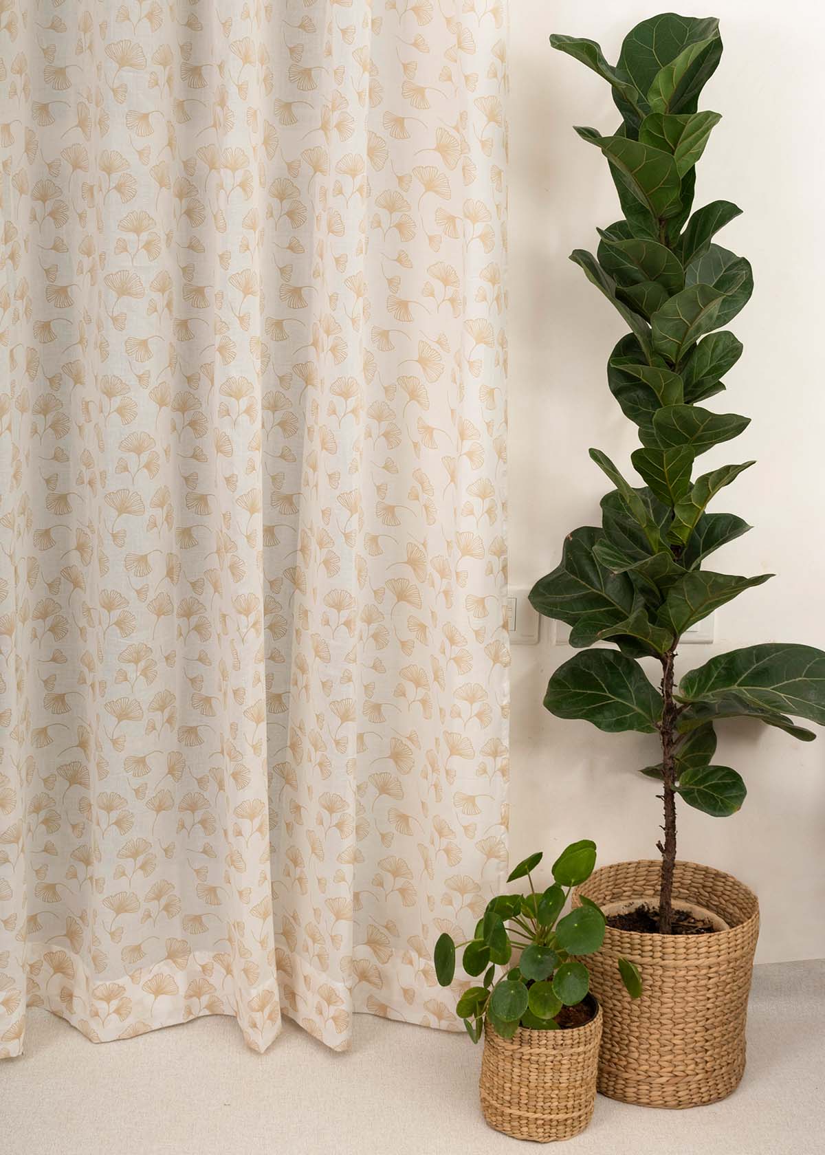 Gingko Beige 100% cotton sheer floral curtain for living room -  Light filtering - Single Piece
