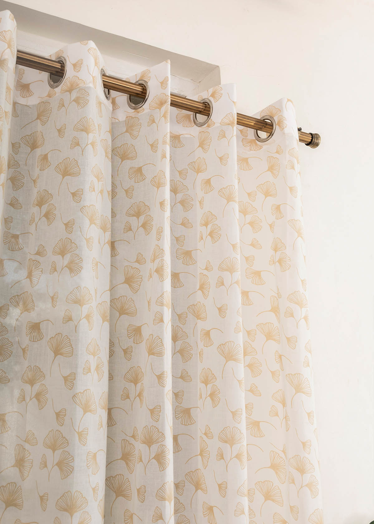 Gingko Beige 100% cotton sheer floral curtain for living room -  Light filtering - Single Piece