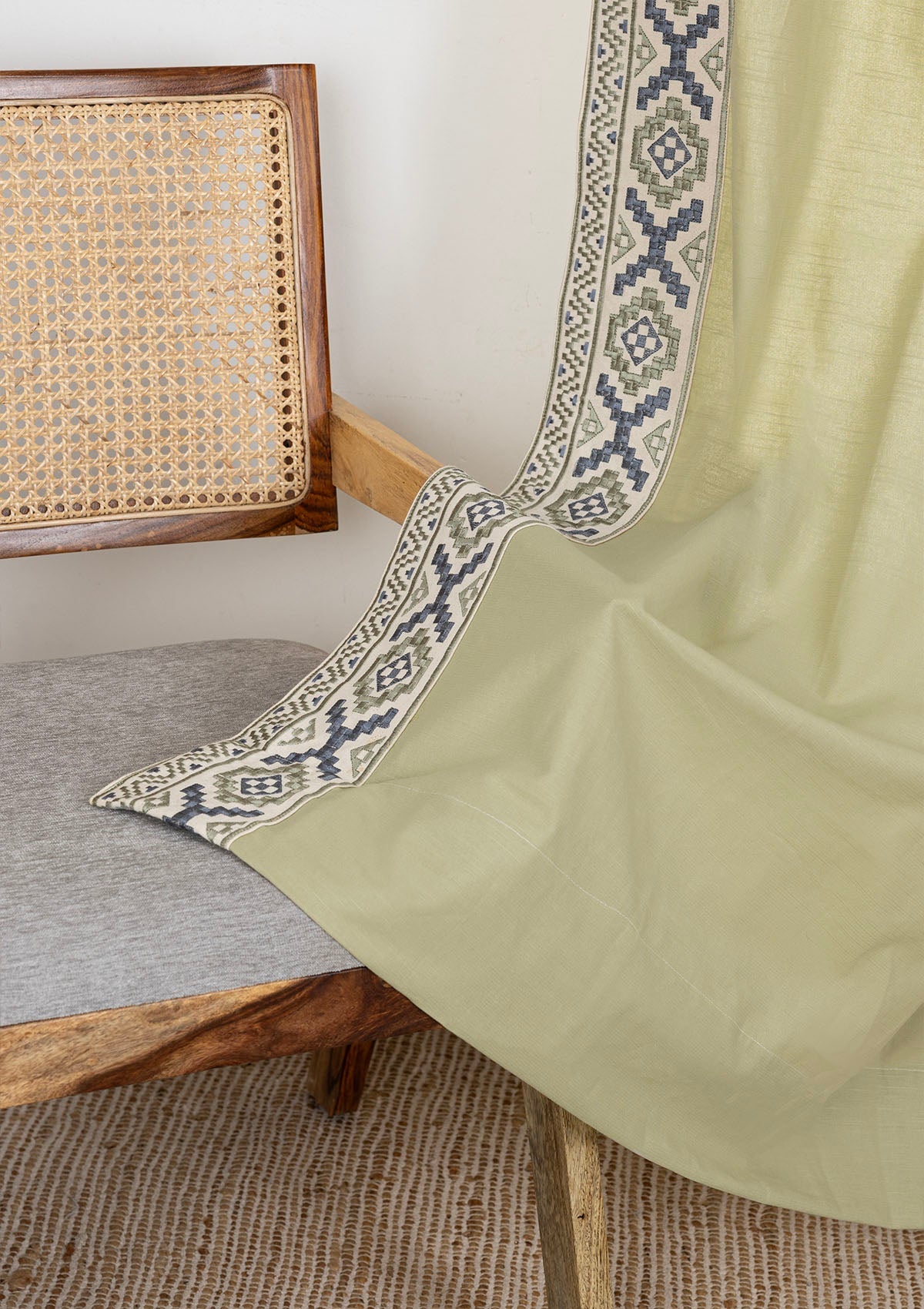 Glen Herb Green Embroidered Trim 100% Cotton Curtain For Living Room |Room Darkening | Single Piece