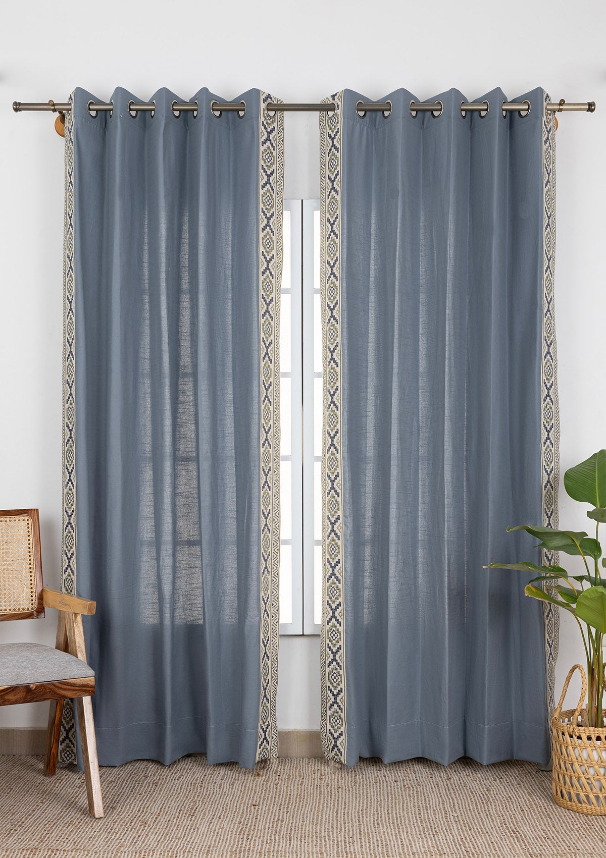 Glen Mist Blue Embroidered Trim 100% Cotton Curtain For Bedroom | Room Darkening | Single Piece