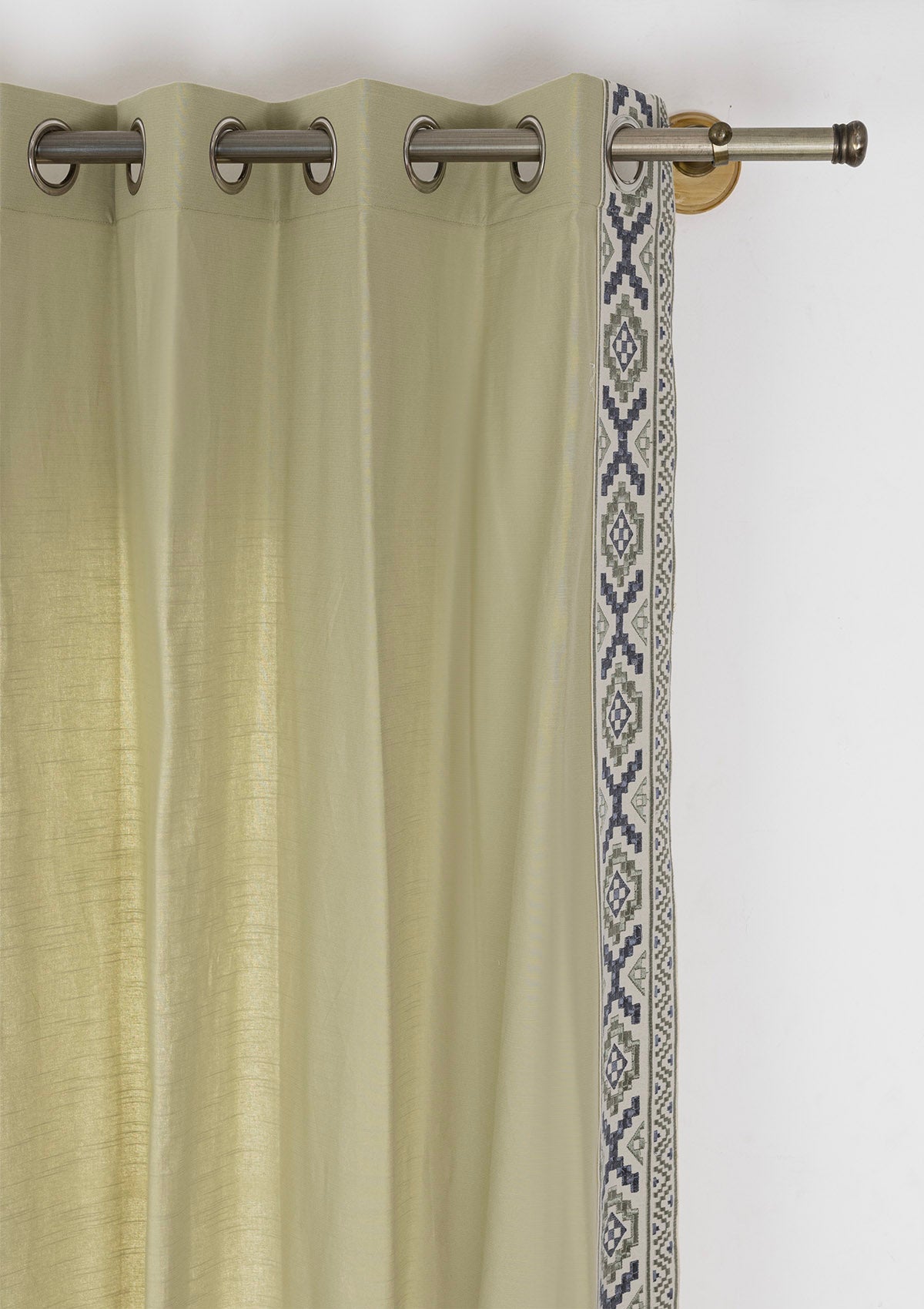 Glen Herb Green Embroidered Trim 100% Cotton Curtain For Living Room |Room Darkening | Single Piece