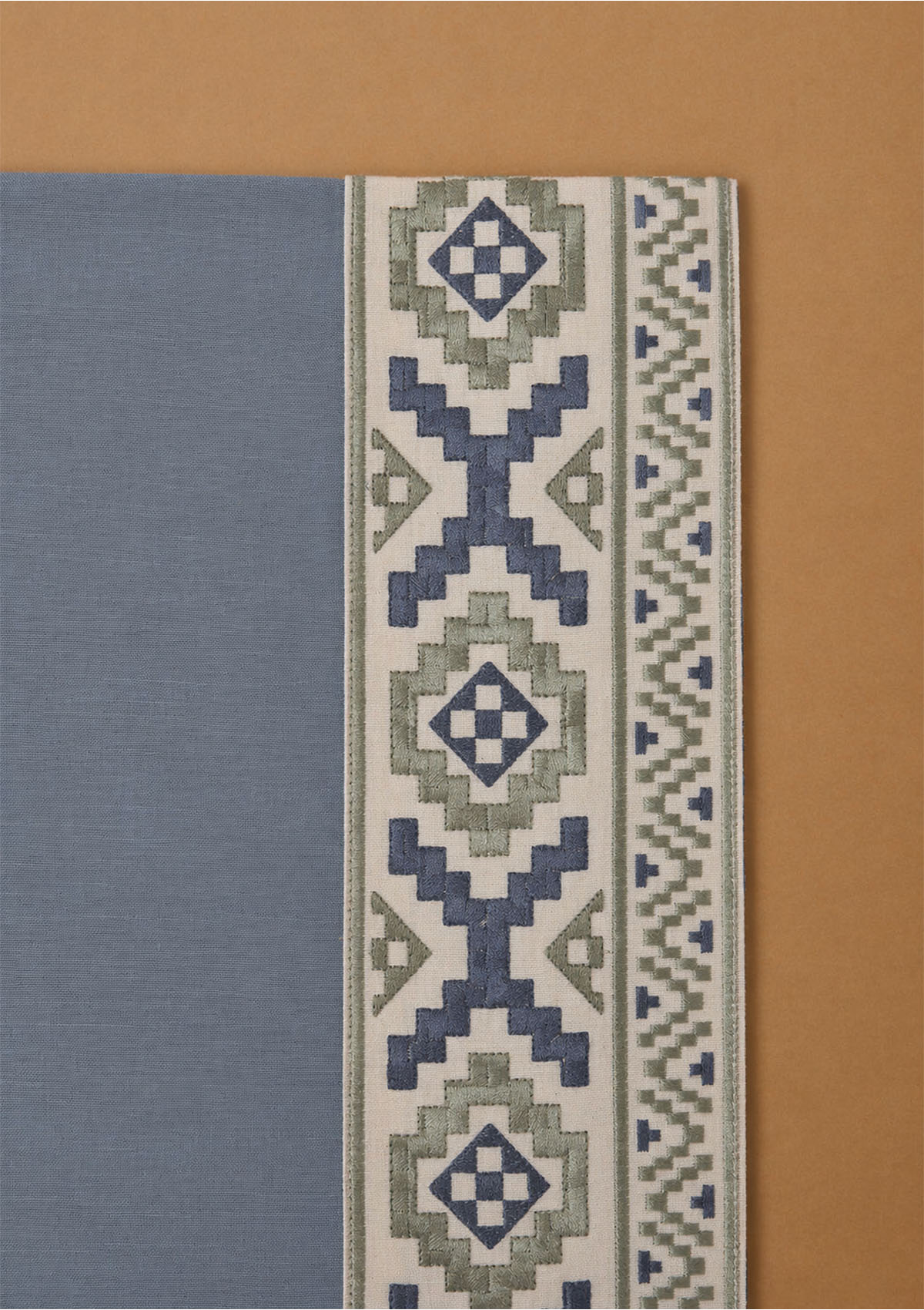 Glen Mist Blue Embroidered Trim 100% Cotton Curtain For Bedroom | Room Darkening | Single Piece