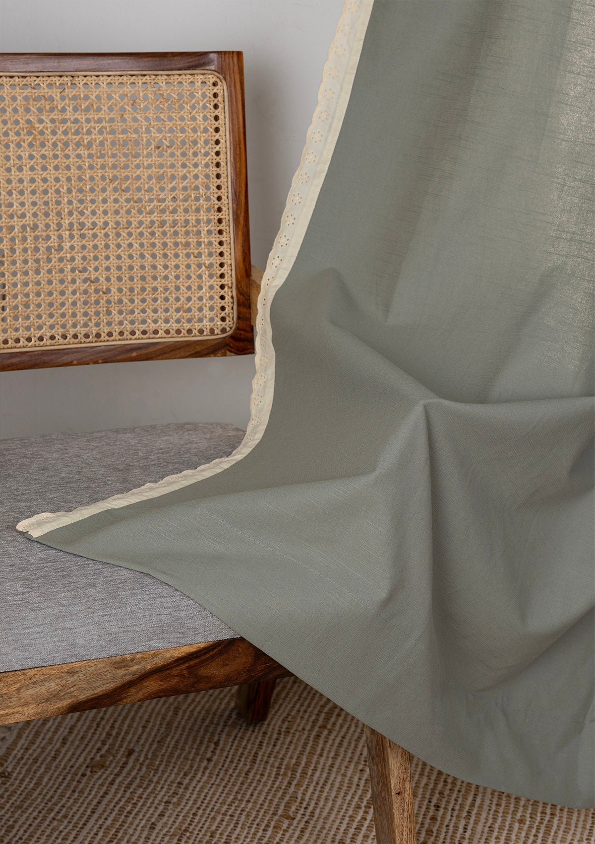 Hakoba Basil Green Solid Lace Trim 100% Cotton Curtain For Bedroom | Room Darkening | Single Piece