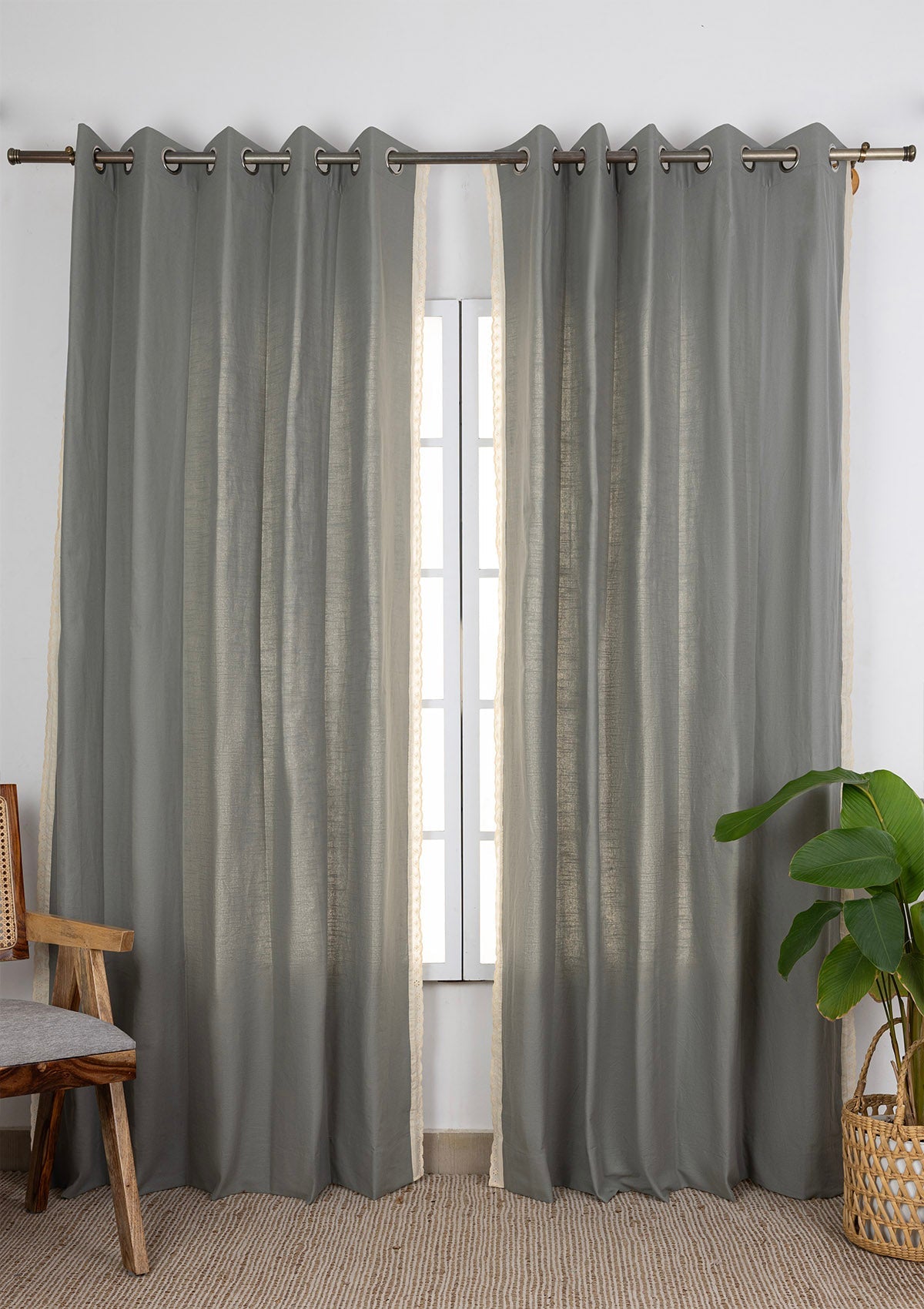 Hakoba Basil Green Solid Lace Trim 100% Cotton Curtain For Bedroom | Room Darkening | Single Piece