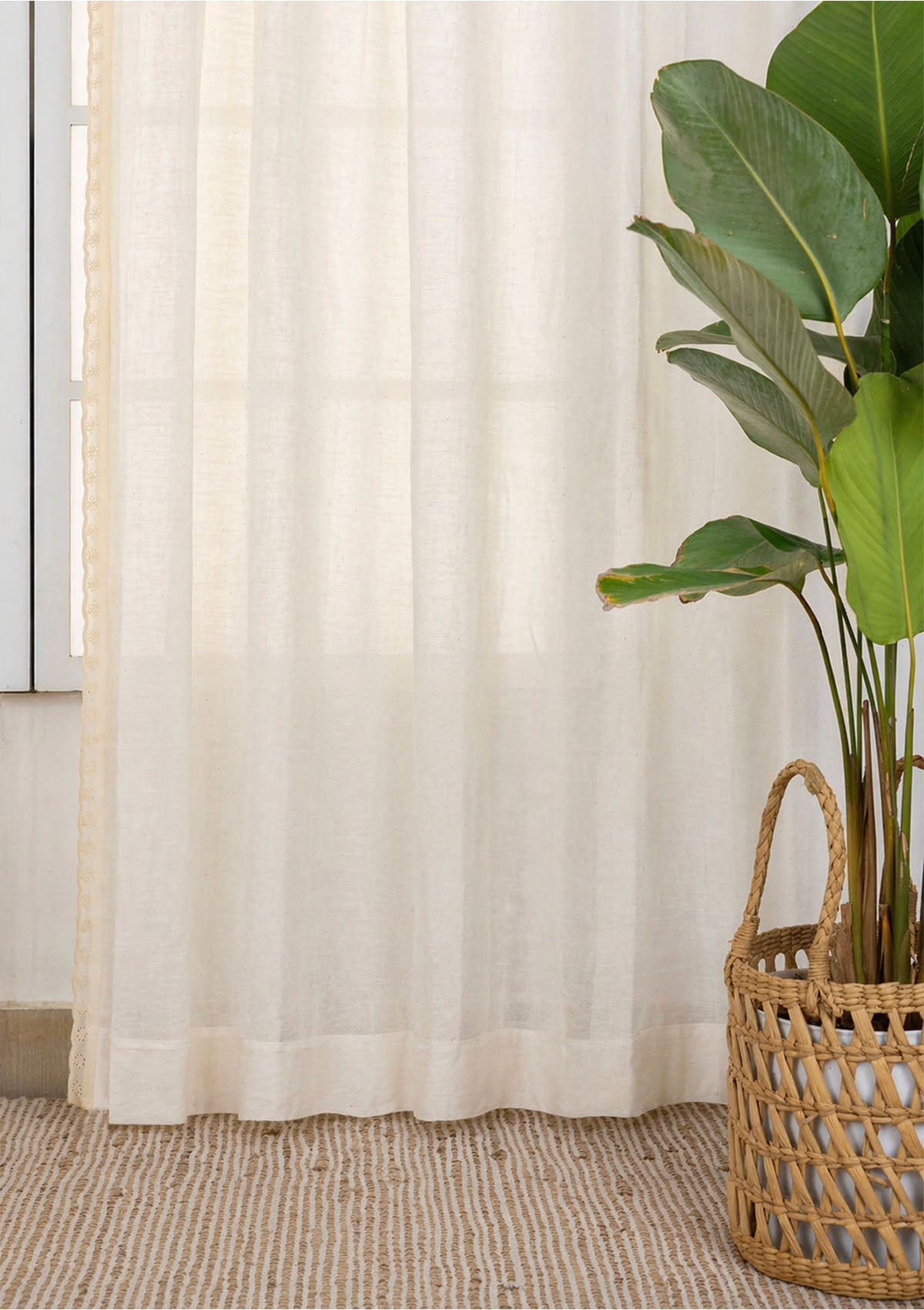 Hakoba Cream Sheer Lace Trim 100% Cotton Curtain For Living Room | Room Darkening | Single Piece