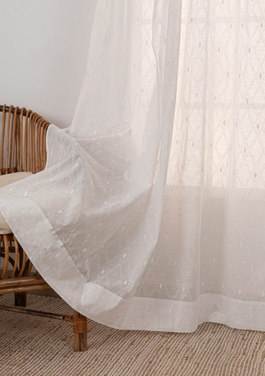 Haze Geometric pattern 100% cotton sheer curtain for Living Room and Bedroom - Light Filtering - White - Single Piece