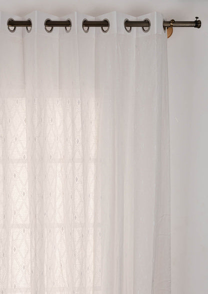 Haze Geometric pattern 100% cotton sheer curtain for Living Room and Bedroom - Light Filtering - White - Single Piece