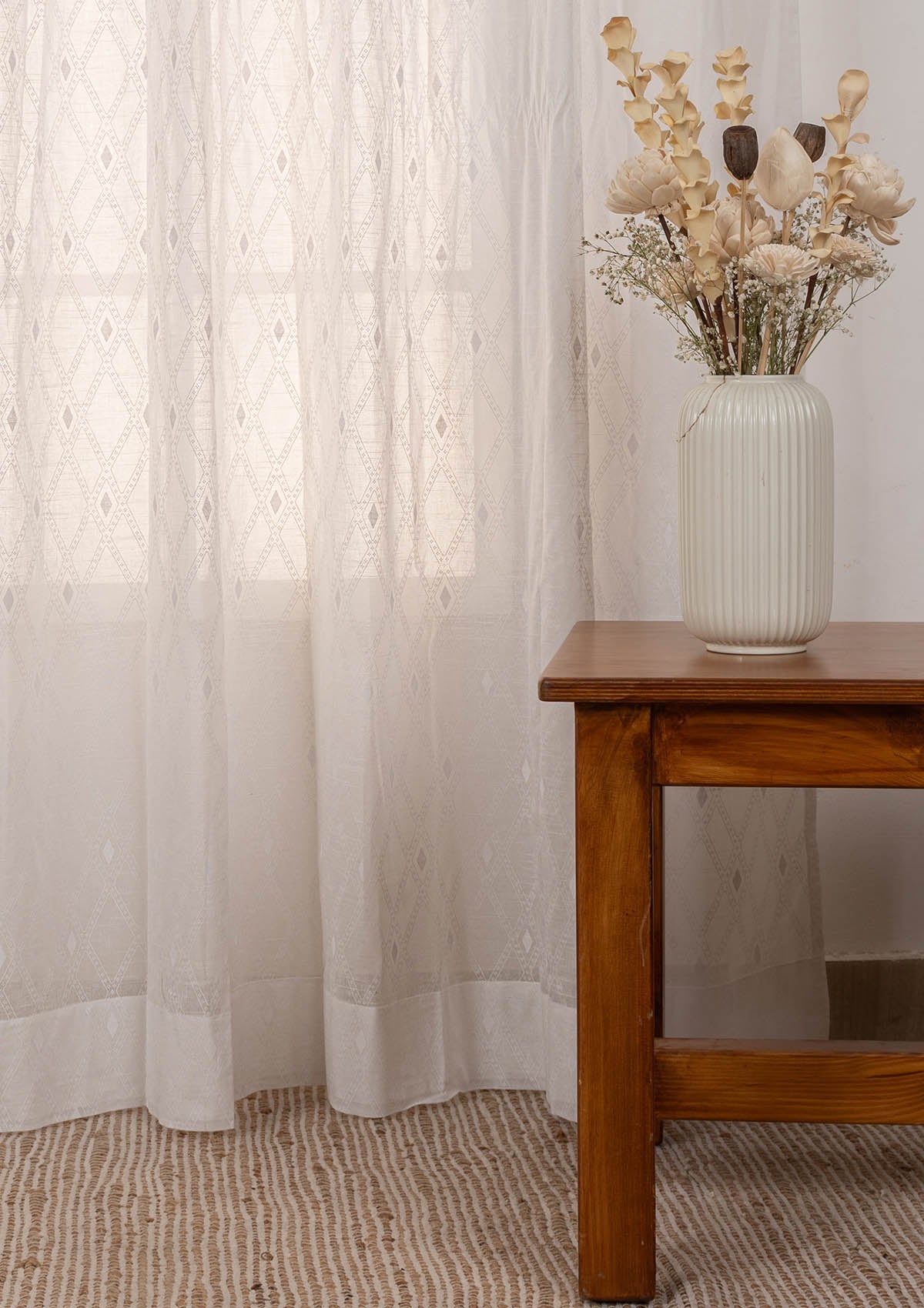 Haze Geometric pattern 100% cotton sheer curtain for Living Room and Bedroom - Light Filtering - White - Single Piece
