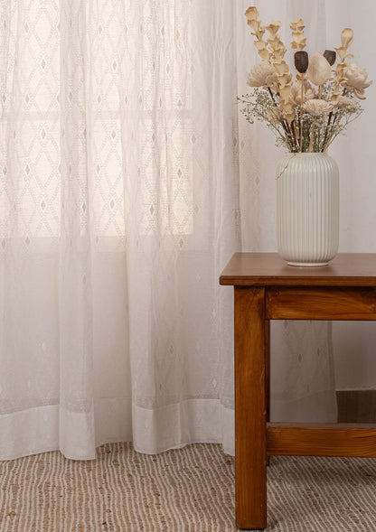 Haze Geometric pattern 100% cotton sheer curtain for Living Room and Bedroom - Light Filtering - White - Single Piece