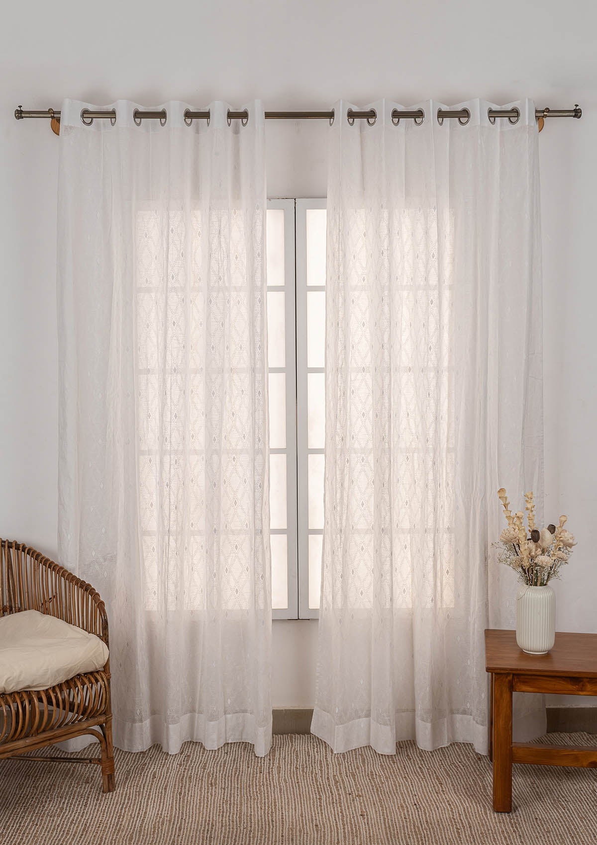 Haze Geometric pattern 100% cotton sheer curtain for Living Room and Bedroom - Light Filtering - White - Single Piece
