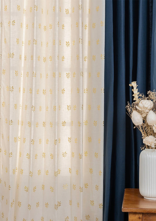 Solid Indigo Blue Room Darkening Curtain & Induja Gold Printed Light Filtering Sheer - 100% Cotton for Living Room & Bedroom - Pack of 4