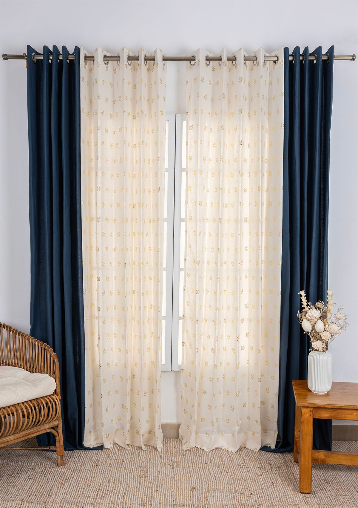 Solid Indigo Blue Room Darkening Curtain & Induja Gold Printed Light Filtering Sheer - 100% Cotton for Living Room & Bedroom - Pack of 4