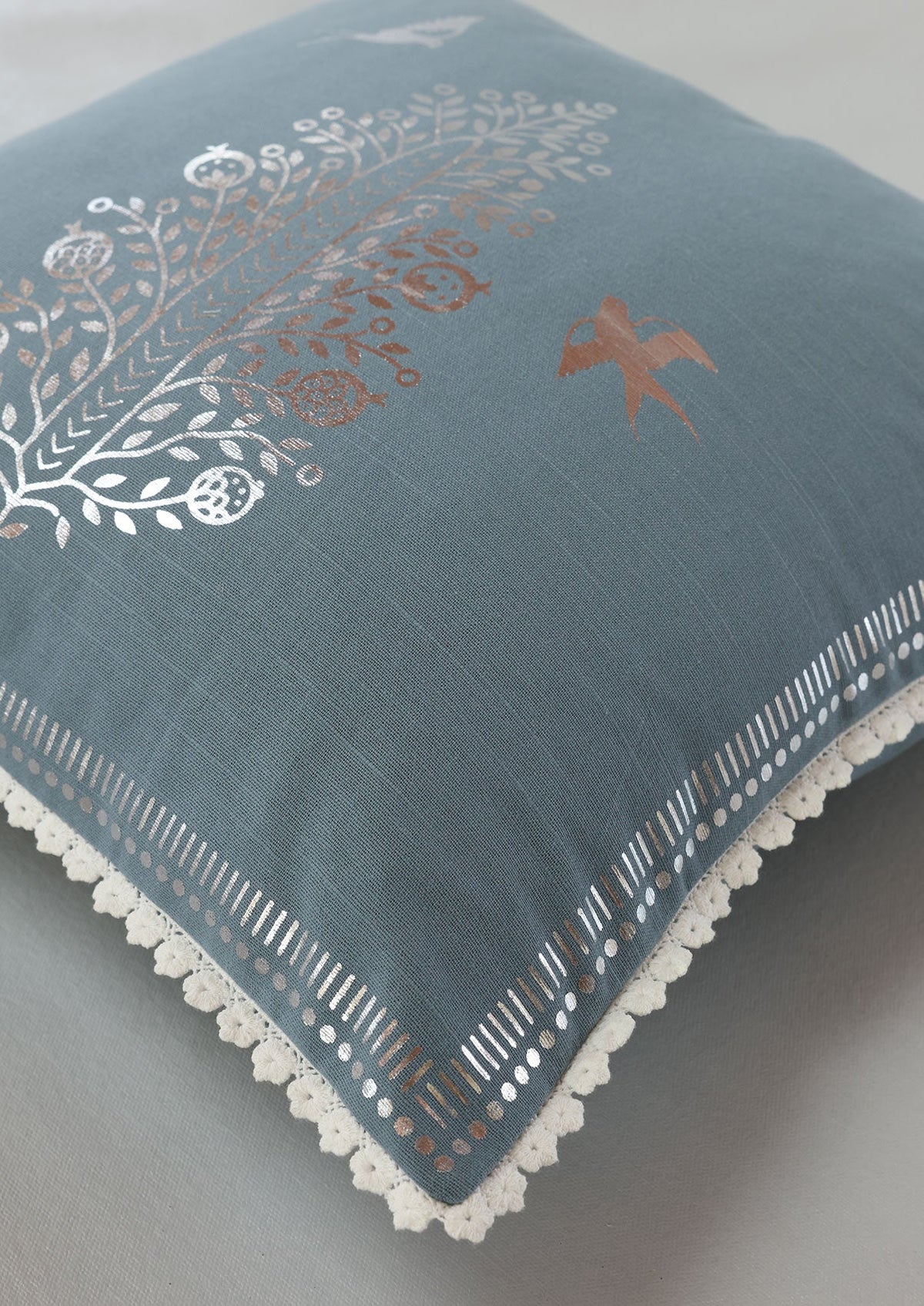 Ivan Blue | Foil Silver Printed Floral |100% Cotton Cushion Cover For Sofa