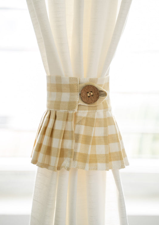 Ivory gingham 100% Cotton curtain pleated tie back with Coconut shell button - Pack of 2