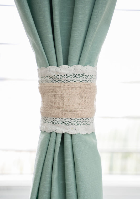 Ivory solid Textured Cotton curtain tie back with Coconut shell button - Pack of 2