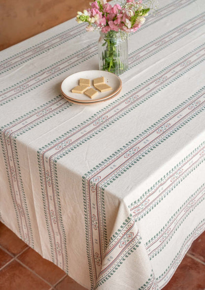 Kalai Linen Cotton Printed Green and Red Table Cloth