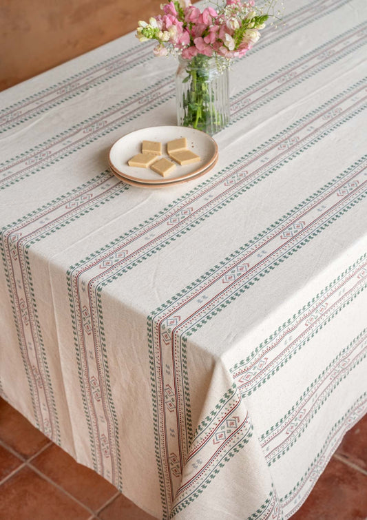 Kalai Linen Cotton Printed Green and Red Table Cloth