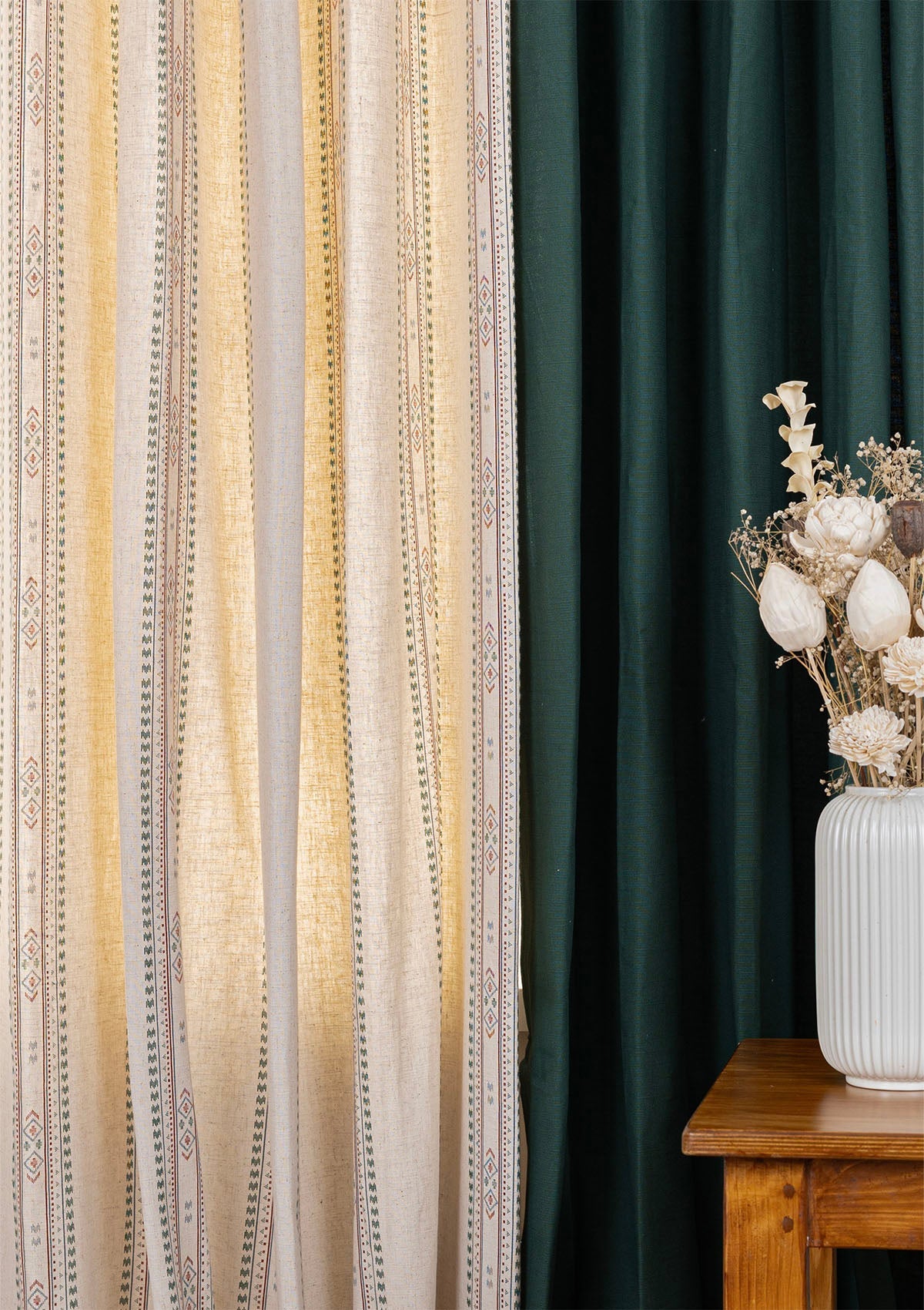 Solid Jade Green Room Darkening Curtain & Kalai Linen Printed Sheer - 100% Cotton for Living Room & Bedroom - Pack of 4