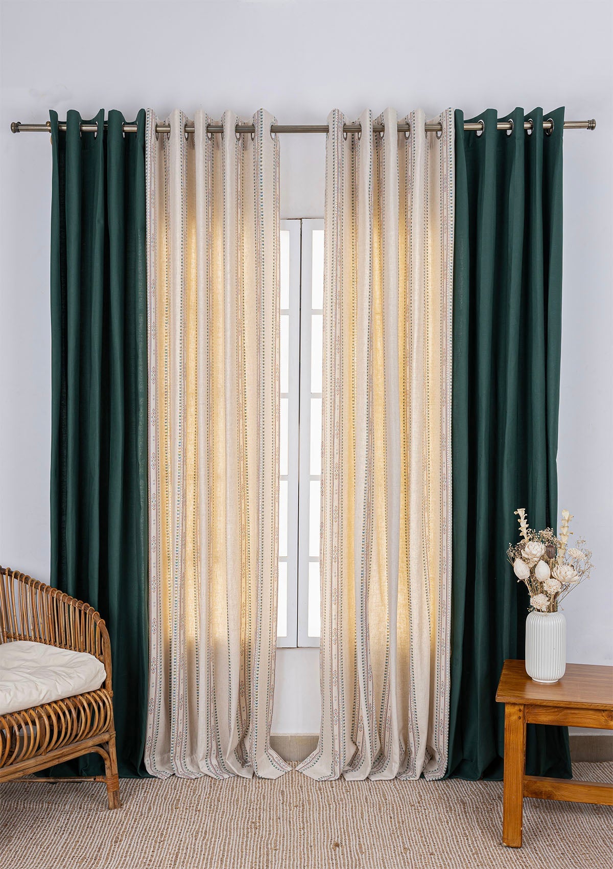 Solid Jade Green Room Darkening Curtain & Kalai Linen Printed Sheer - 100% Cotton for Living Room & Bedroom - Pack of 4