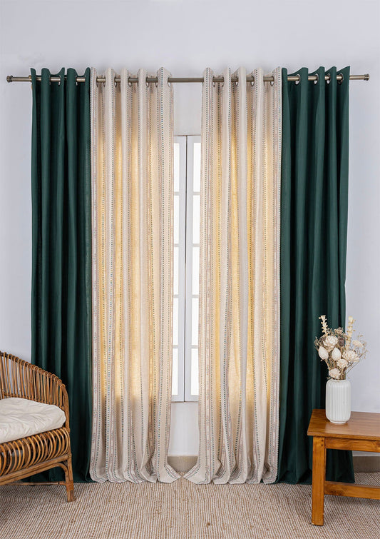 Solid Jade Green Room Darkening Curtain & Kalai Linen Printed Sheer - 100% Cotton for Living Room & Bedroom - Pack of 4