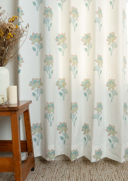 Kamala Floral Printed 100% Cotton Curtain for Living Room and Bedroom -  Nile blue and Leaf Green - Single Piece