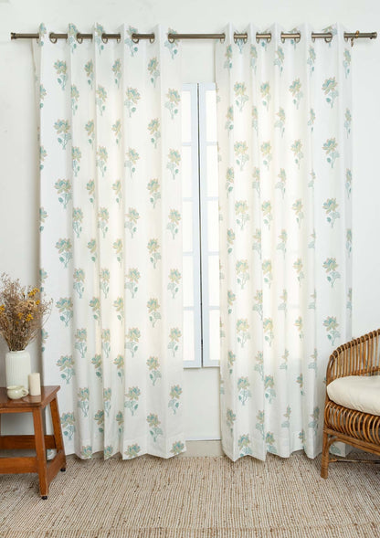 Kamala Floral Printed 100% Cotton Curtain for Living Room and Bedroom -  Nile blue and Leaf Green - Single Piece