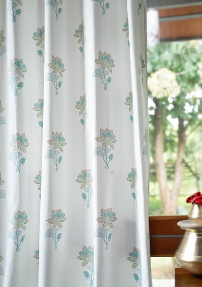 Kamala Floral Printed 100% Cotton Curtain for Living Room and Bedroom -  Nile blue and Leaf Green - Single Piece