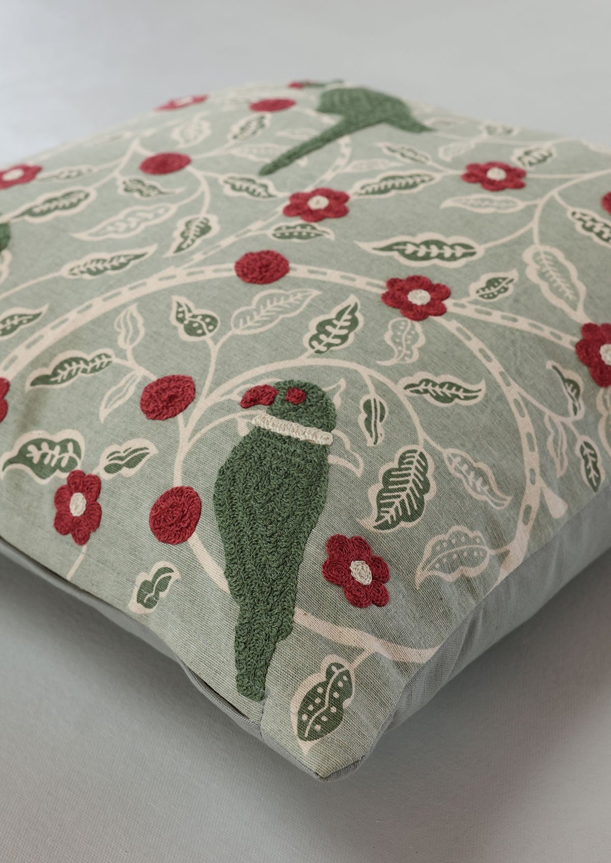 Khera Green | Embroidered Floral | 100% Cotton Cushion Cover For Sofa