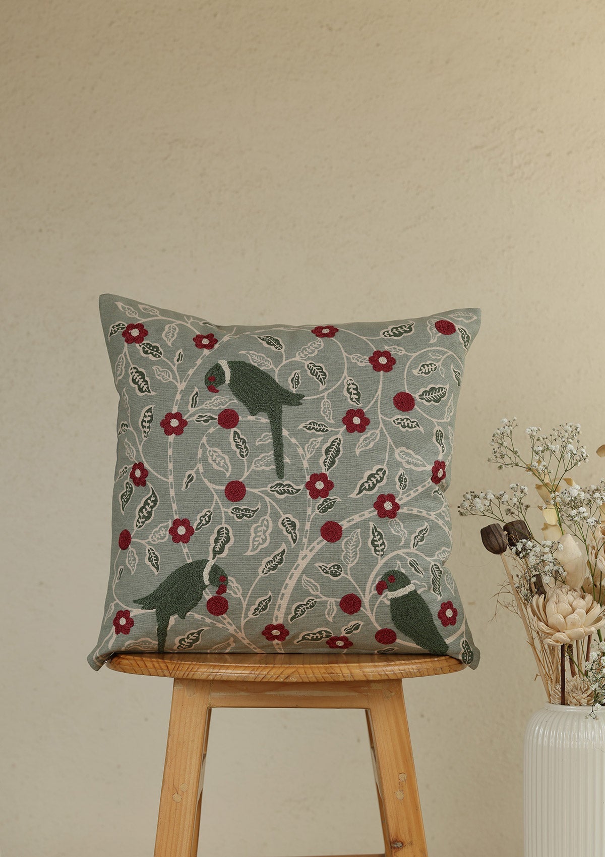 Khera Green | Embroidered Floral | 100% Cotton Cushion Cover For Sofa