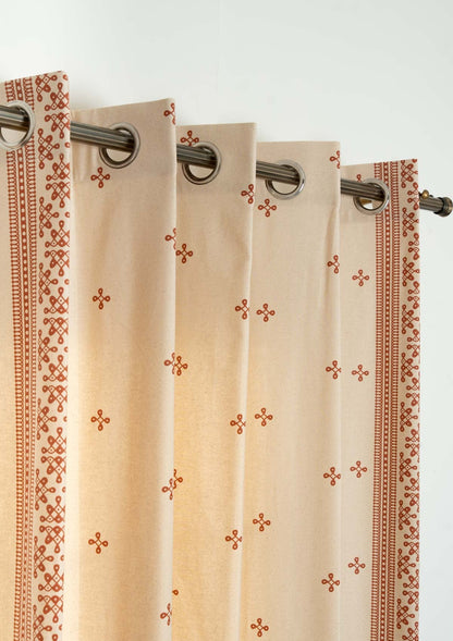 Kolam minimal Printed 100% Cotton Curtain for Living Room and Bedroom -  Brick red - Single Piece