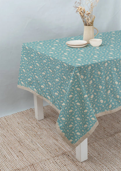 Eden aqua blue 100% cotton floral table cloth for 4 seater or 6 seater dining with lace border