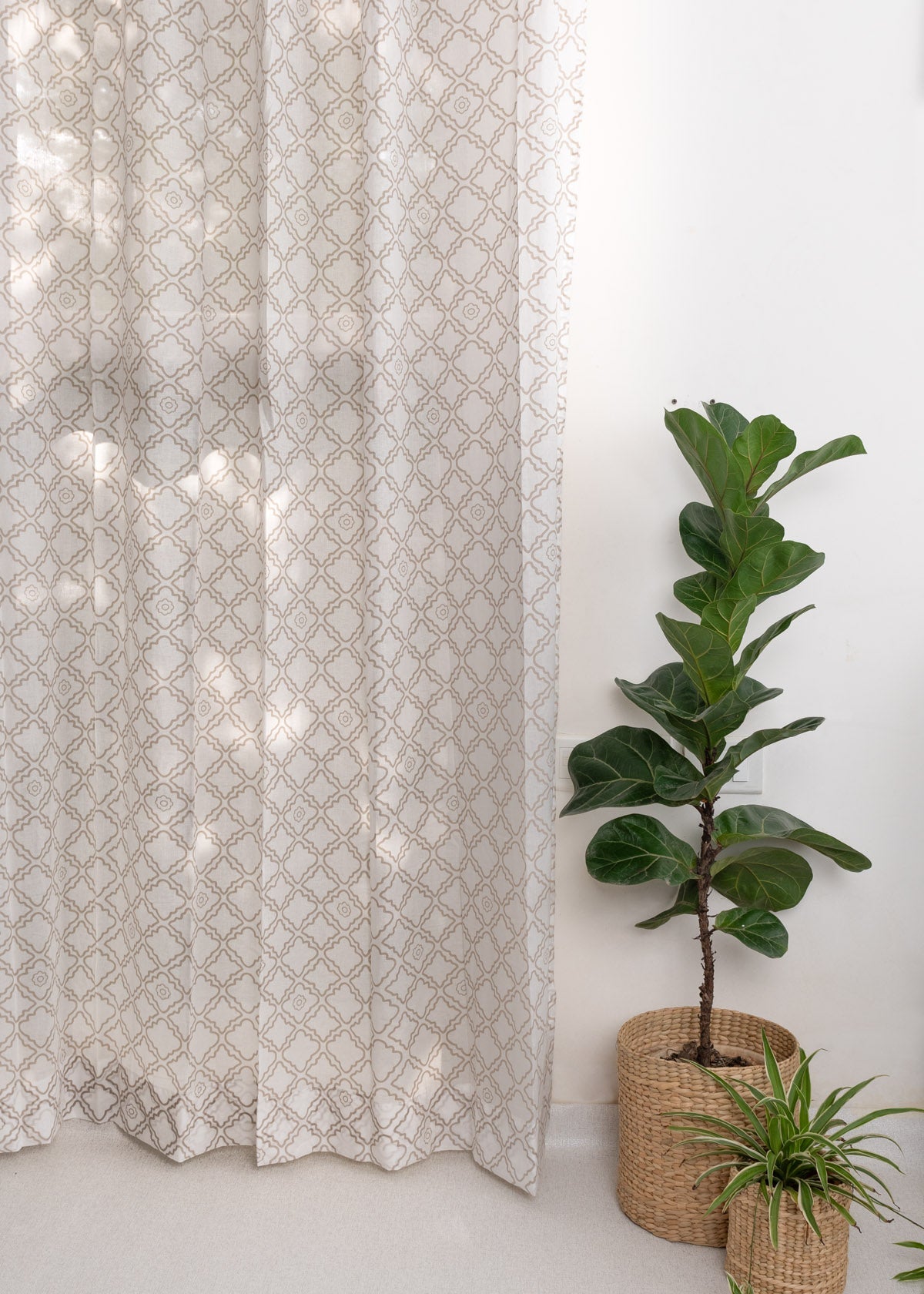 Lattice 100% cotton Sheer Geometric curtain for Living room & bedroom - Light filtering - Walnut Grey - Single Piece