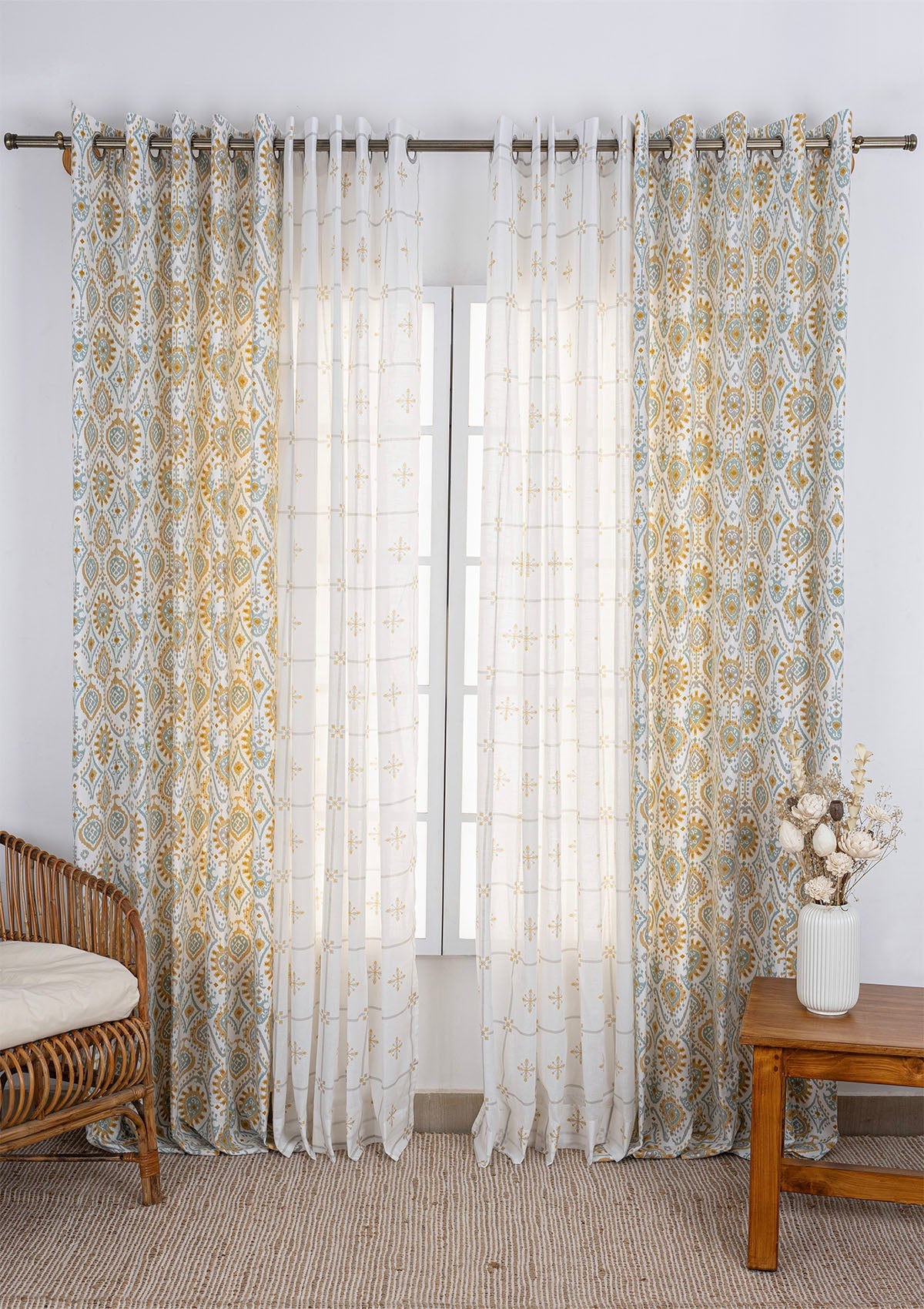 Laya Printed Light Reduction Curtain & Kaanta Cotton Printed Sheer - 100% Cotton for Living Room & Bedroom - Pack of 4