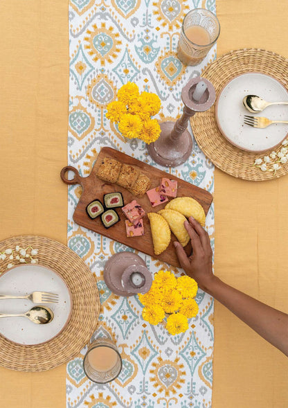 Laya 100% Cotton Printed Yellow and Blue Table Runner