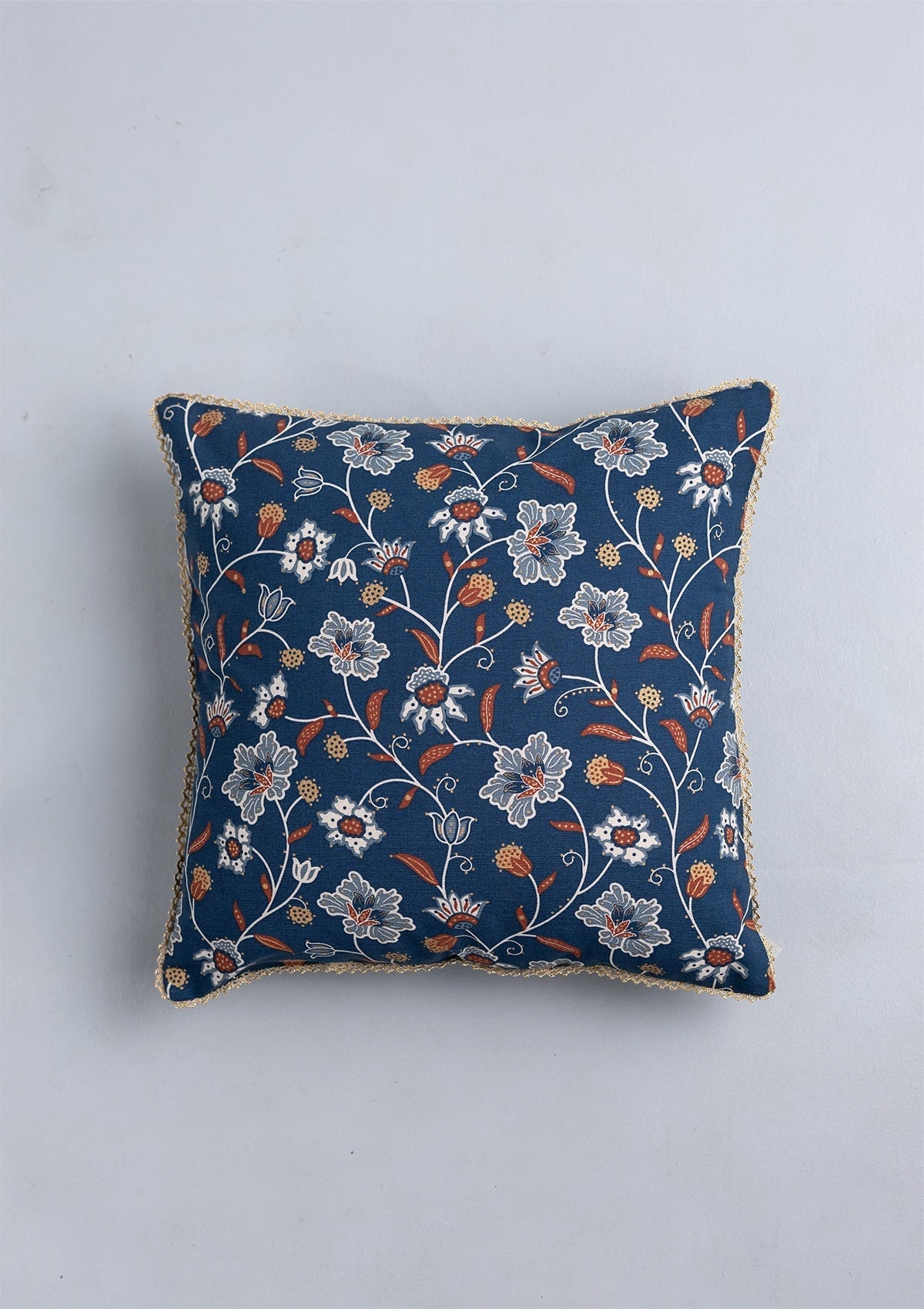 Leher 100% Cotton Gold printed Indigo & Red Cushion Cover - 16"