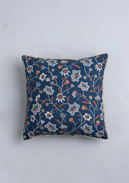 Leher 100% Cotton Gold printed Indigo & Red Cushion Cover - 16"