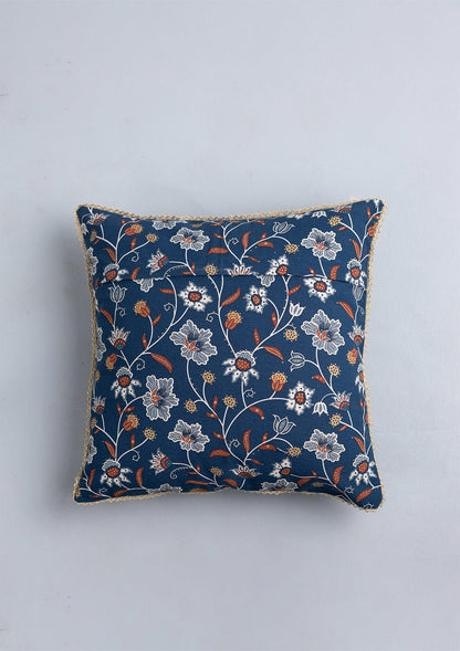 Leher 100% Cotton Gold printed Indigo & Red Cushion Cover - 16"